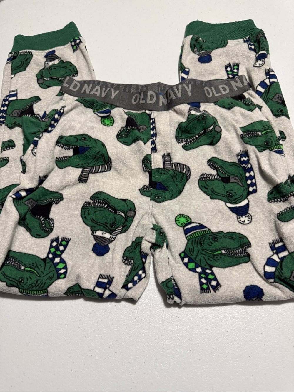 Old Navy White Pajama Pants with Green Dino and Navy Accents